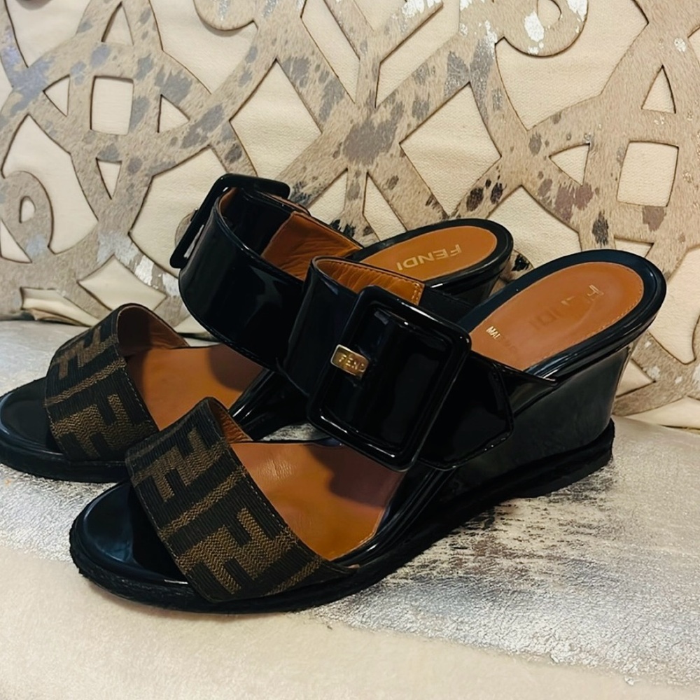 Fendi Black Patent & FF Logo Mule Sandals